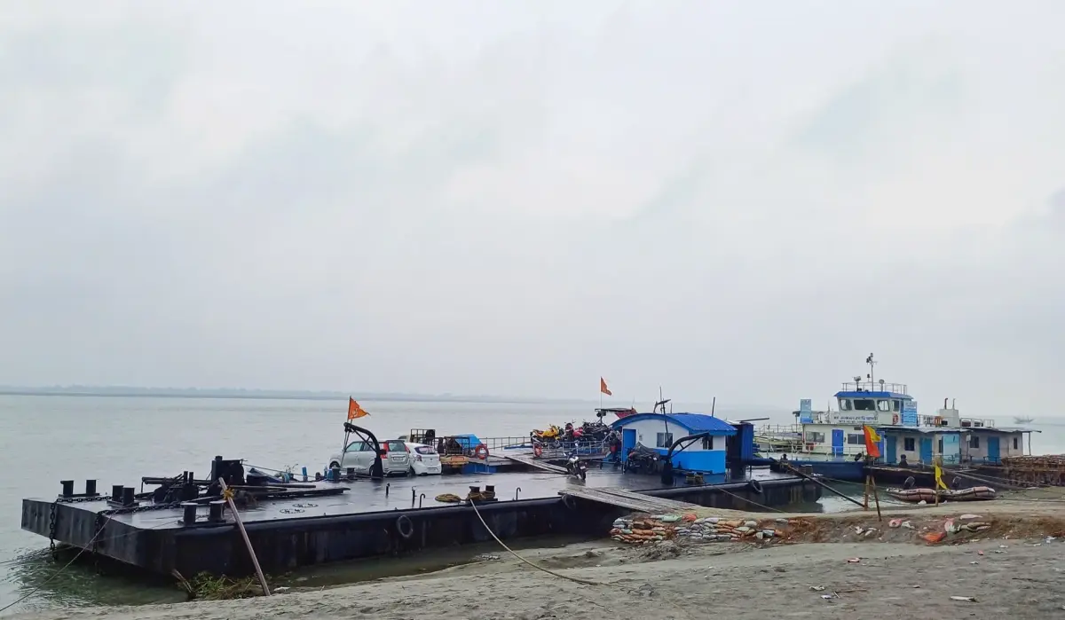 Ferry service at Afalamukh Ghat on the Brahmaputra River, Majuli, Assam.